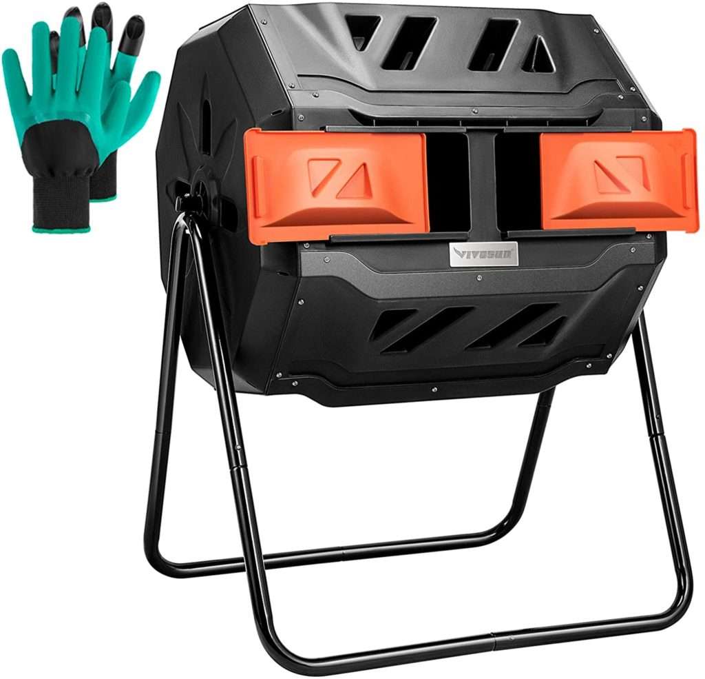 Two-chamber composter with small doors can be difficult to empty.