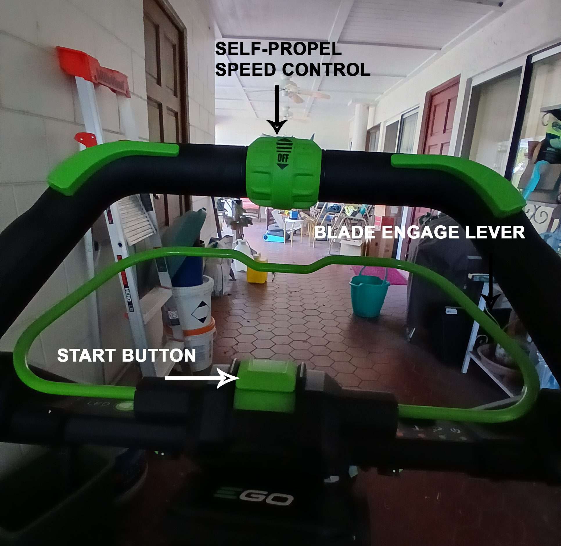 Easy to manage controls on the EGO lawnmower handle.