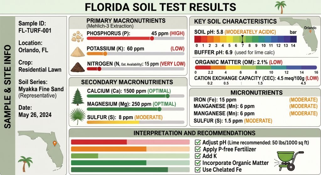 Florida soils typically have high phosphorus and low organic matter. A slightly acidic profile is normal.