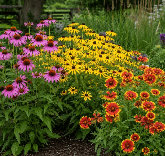 Many Florida native flowers come in vibrant and complementary colors -- here blanket flower, rubekia, and cone flower show off. 